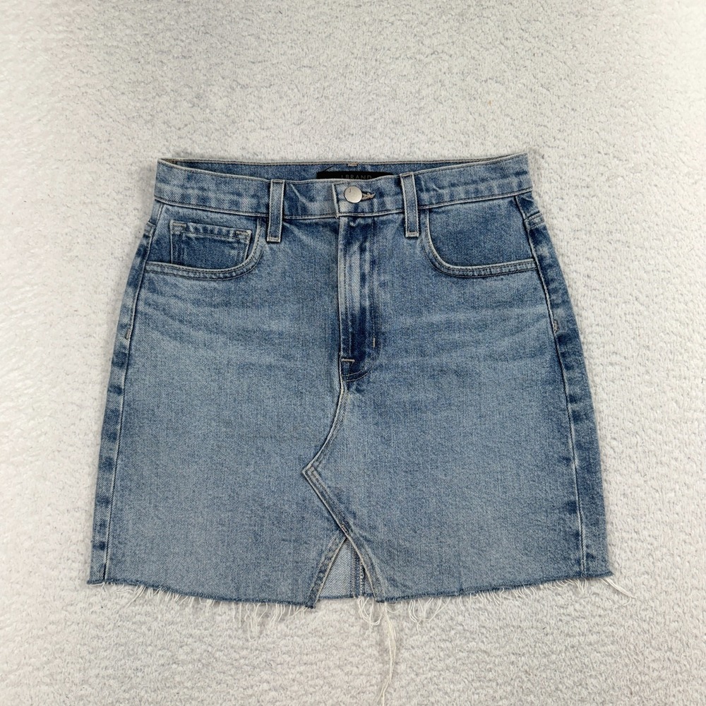 J Brand Jules Skirt Light Blue Denim Mini Frayed Hem 25 (W27) Fitted Silhouette